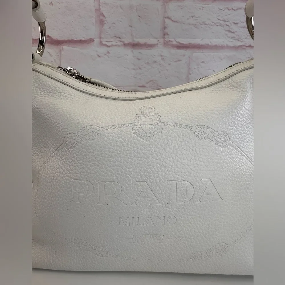 Prada Embossed Logo White Daino Vitello Shoulder Bag - Picture 2 of 15